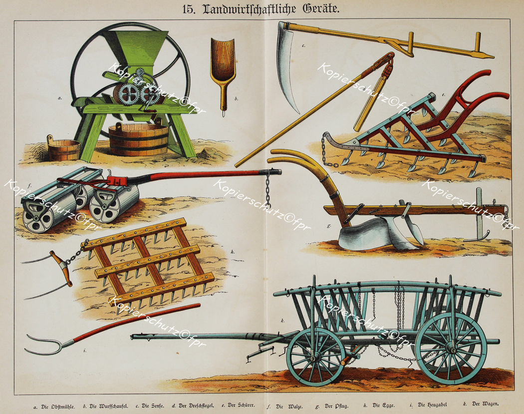 Lithographie Anschauungsbild Landwirtschaft Landwirt Sense Dreschflegel Egge Pflug Walze Heu-Gabel Obst-Mühle