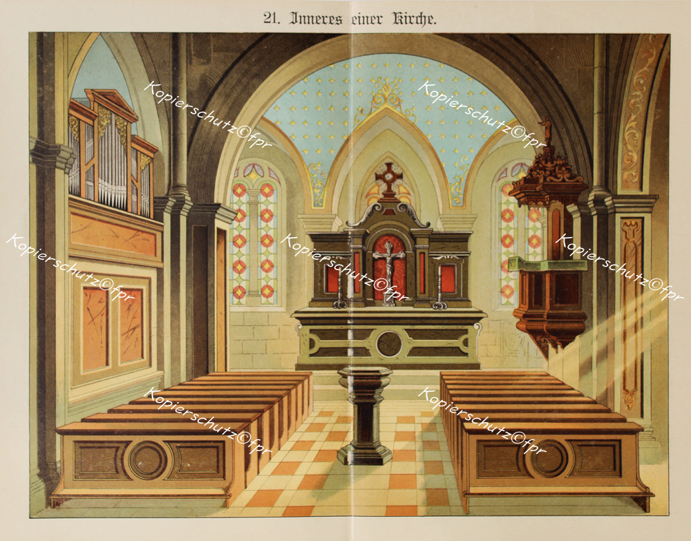 Lithographie photo feuille illustration église autel fonts baptismaux orgue chaire crucifix verre fenêtre église chiesa orgue