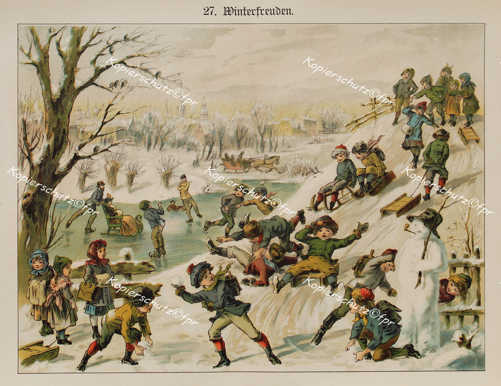 Bilderbogen Anschauungsbild Lithographie Winter Schnee Schneeballschlacht Pferde-Schlitten Schlittenfahren Rodeln Schlittschuh-Laufen Eislaufen