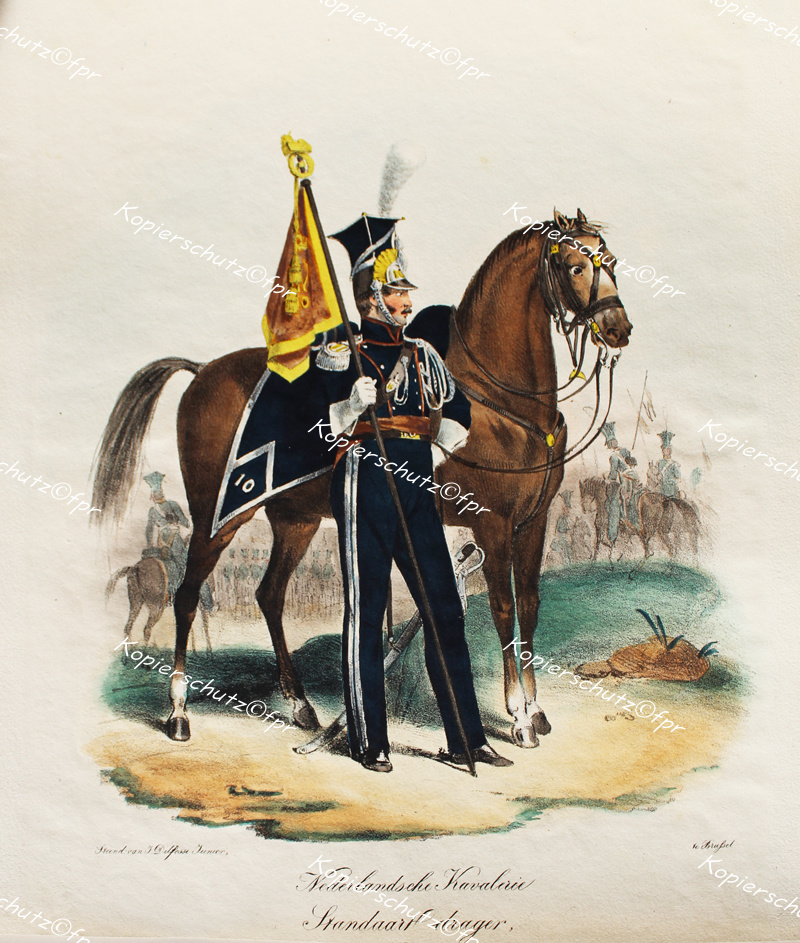 Lithographie Jean Baptiste Madou Holland Niederlande Uniform Kavallerie Standarten-Träger Fahne Ulan Lanciers Tschapka Säbel