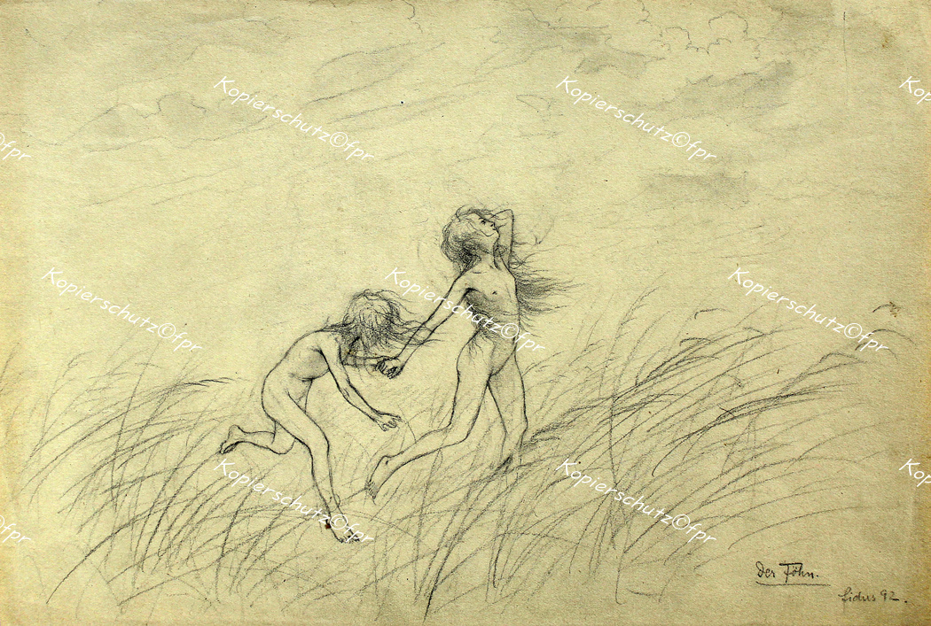 Zeichnung drawing Fidus Hugo Höppener Föhn Akt Erotik androgyn Luft-Bad FKK Natur Jugendstil Wind