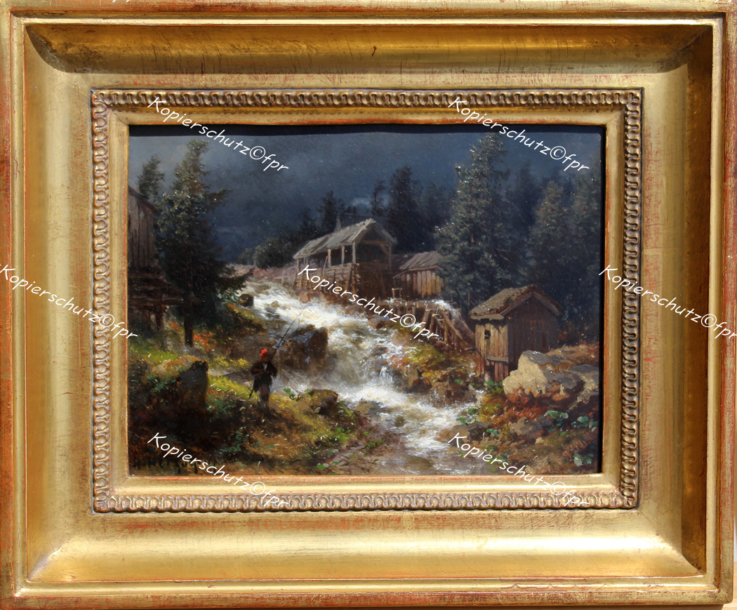 painting Hermann Herzog Goldgräber Goldwaschen Gold Rocky Mountains Angler Hudson River School Romantik