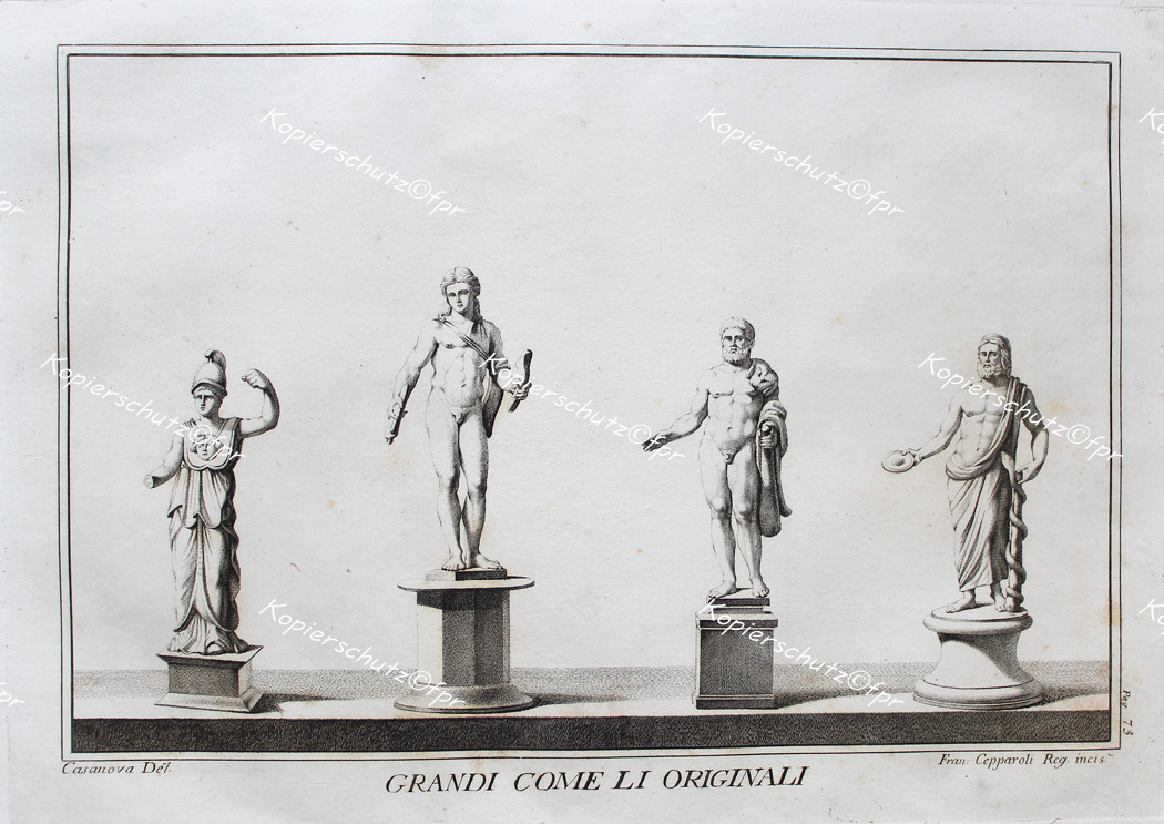Kupferstich Antike Rom Pallas Athene Apollo Herkules Aesculap Arzt Schlange Herculaneum Neapel Statue Bronze Ercolaneo